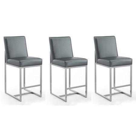 MANHATTAN COMFORT Element 24" Faux Leather Counter Stool in Graphite and Polished Chrome (Set of 3) 3-CS003-GP